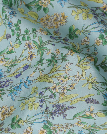 Sky Blue Floral Cotton Lawn Digital Print Fabric - 110 cm Width-D21216