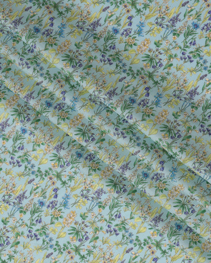 Sky Blue Floral Cotton Lawn Digital Print Fabric - 110 cm Width-D21216