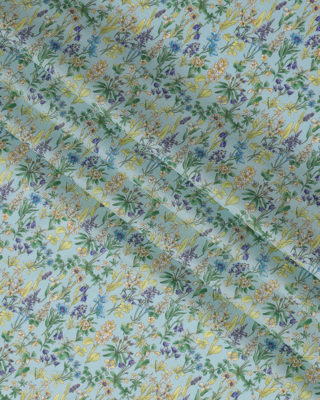 Sky Blue Floral Cotton Lawn Digital Print Fabric - 110 cm Width-D21216