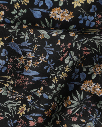 Black Floral Cotton Lawn Digital Print Fabric - 110 cm Width-D21217