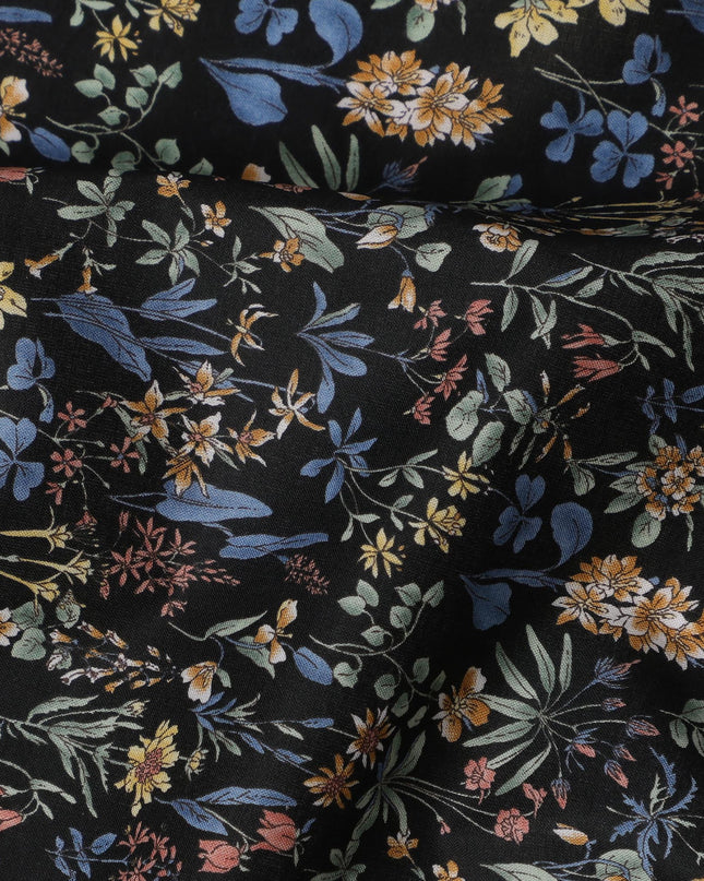 Black Floral Cotton Lawn Digital Print Fabric - 110 cm Width-D21217