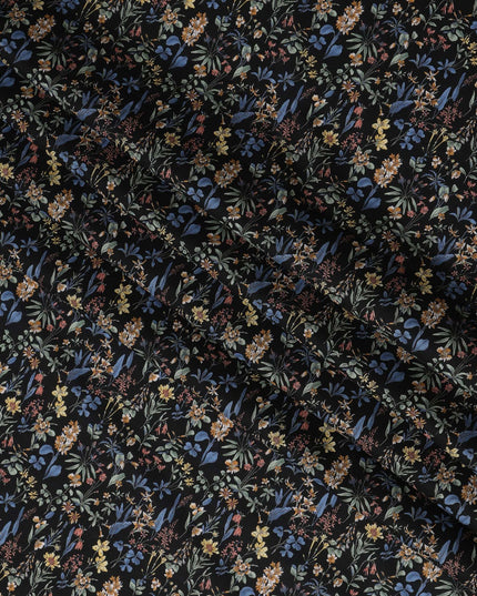 Black Floral Cotton Lawn Digital Print Fabric - 110 cm Width-D21217