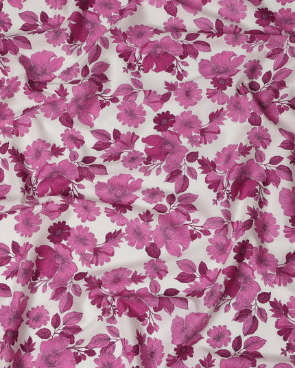 White and Pink Floral Cotton Lawn Digital Print Fabric - 110 cm Width-D21218