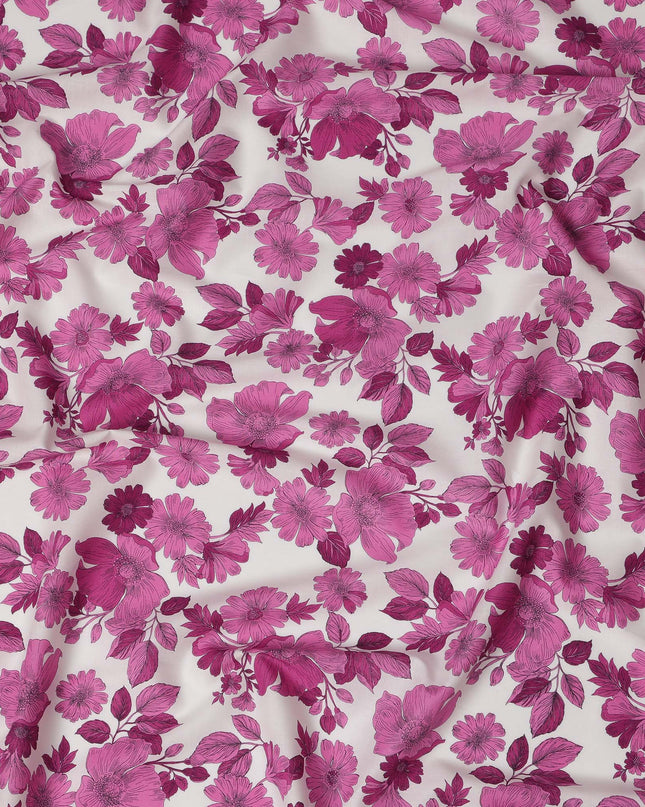 White and Pink Floral Cotton Lawn Digital Print Fabric - 110 cm Width-D21218