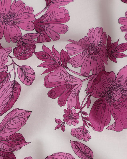 White and Pink Floral Cotton Lawn Digital Print Fabric - 110 cm Width-D21218