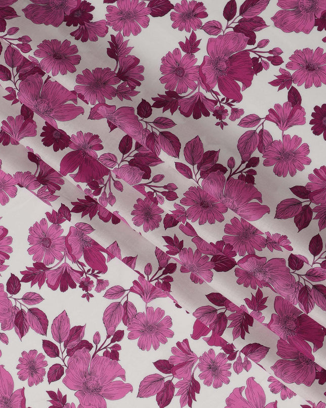 White and Pink Floral Cotton Lawn Digital Print Fabric - 110 cm Width-D21218