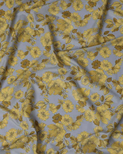 Gray and Yellow Floral Cotton Lawn Digital Print Fabric - 110 cm Width-D21219