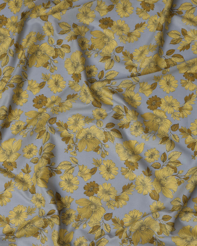 Gray and Yellow Floral Cotton Lawn Digital Print Fabric - 110 cm Width-D21219