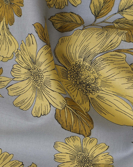 Gray and Yellow Floral Cotton Lawn Digital Print Fabric - 110 cm Width-D21219