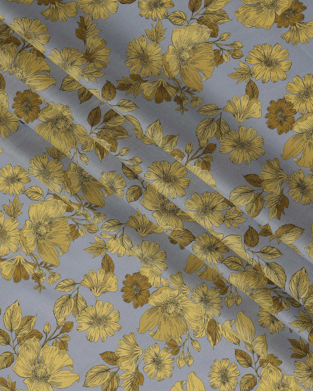 Gray and Yellow Floral Cotton Lawn Digital Print Fabric - 110 cm Width-D21219