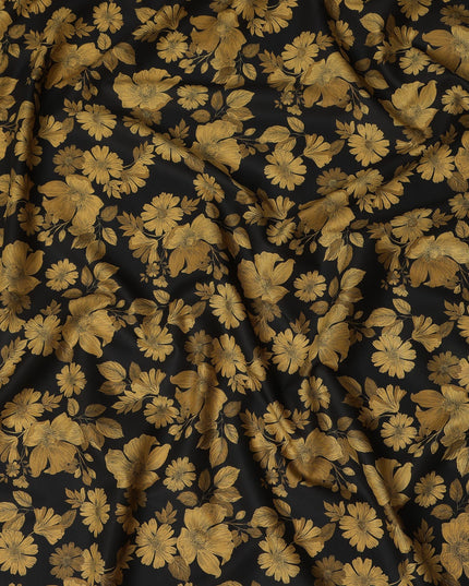 Black and Gold Floral Cotton Lawn Digital Print Fabric - 110 cm Width-D21220