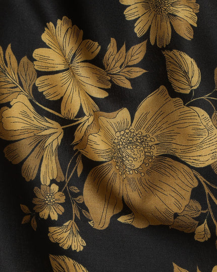 Black and Gold Floral Cotton Lawn Digital Print Fabric - 110 cm Width-D21220