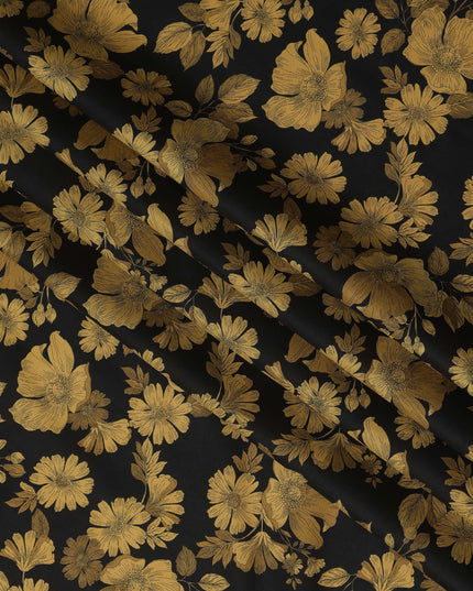 Black and Gold Floral Cotton Lawn Digital Print Fabric - 110 cm Width-D21220