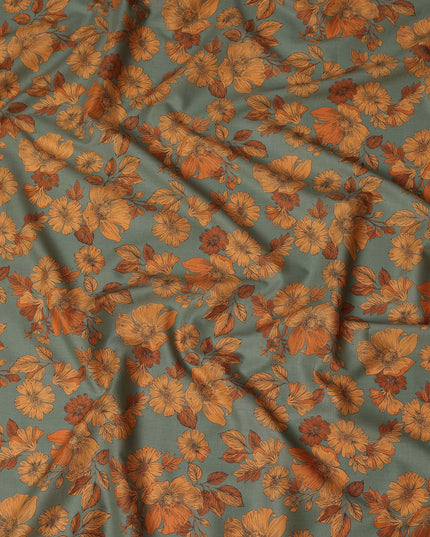 Green and Orange Floral Cotton Lawn Digital Print Fabric - 110 cm Width-D21221