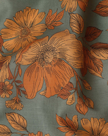 Green and Orange Floral Cotton Lawn Digital Print Fabric - 110 cm Width-D21221