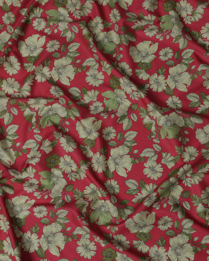 Red and Green Floral Cotton Lawn Digital Print Fabric - 110 cm Width-D21222