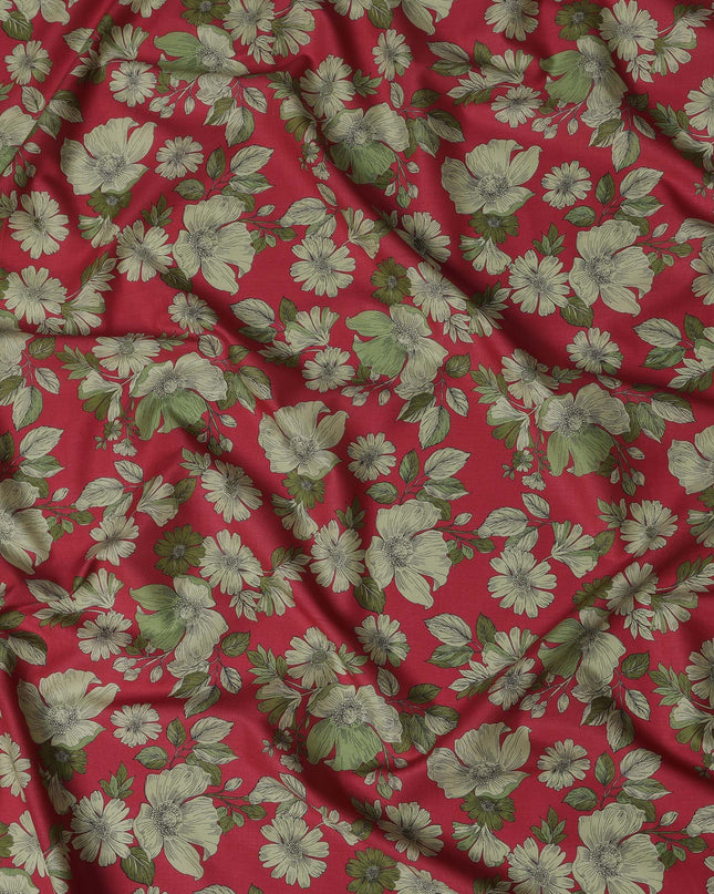 Red and Green Floral Cotton Lawn Digital Print Fabric - 110 cm Width-D21222