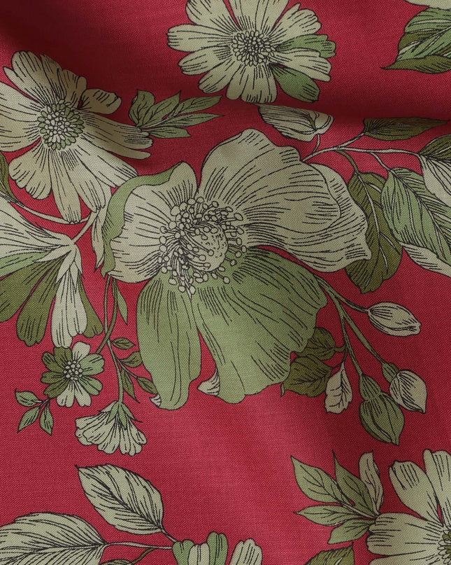 Red and Green Floral Cotton Lawn Digital Print Fabric - 110 cm Width-D21222