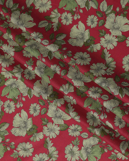 Red and Green Floral Cotton Lawn Digital Print Fabric - 110 cm Width-D21222