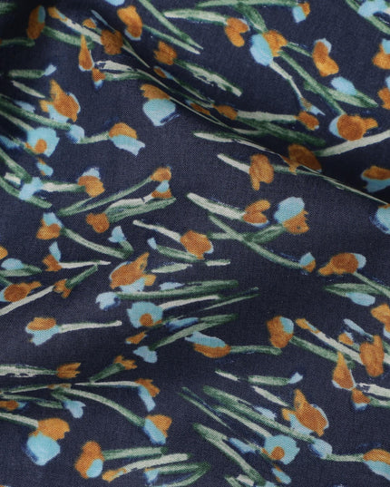 Navy Blue and Orange Floral Cotton Lawn Digital Print Fabric - 110 cm Width-D21223