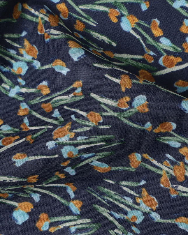 Navy Blue and Orange Floral Cotton Lawn Digital Print Fabric - 110 cm Width-D21223