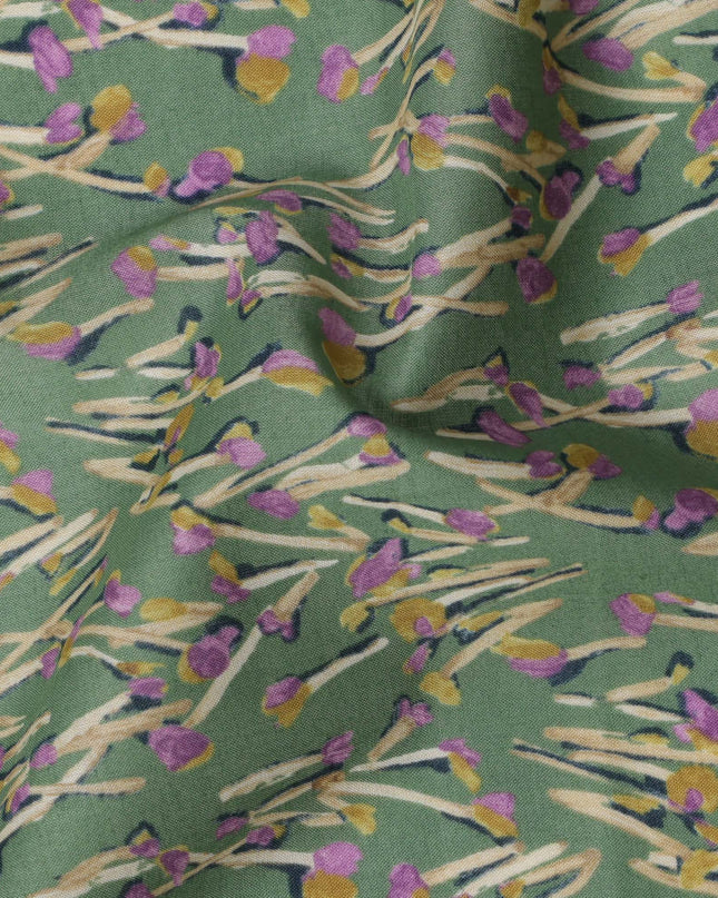 Green and Purple Floral Cotton Lawn Digital Print Fabric - 110 cm Width-D21224