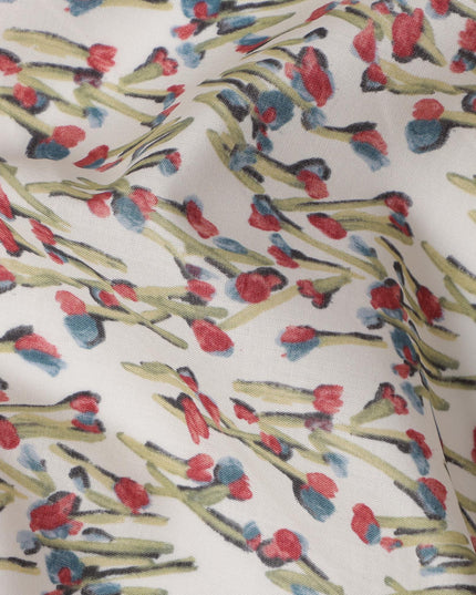 White and Multicolor Floral Cotton Lawn Digital Print Fabric - 110 cm Width-D21225