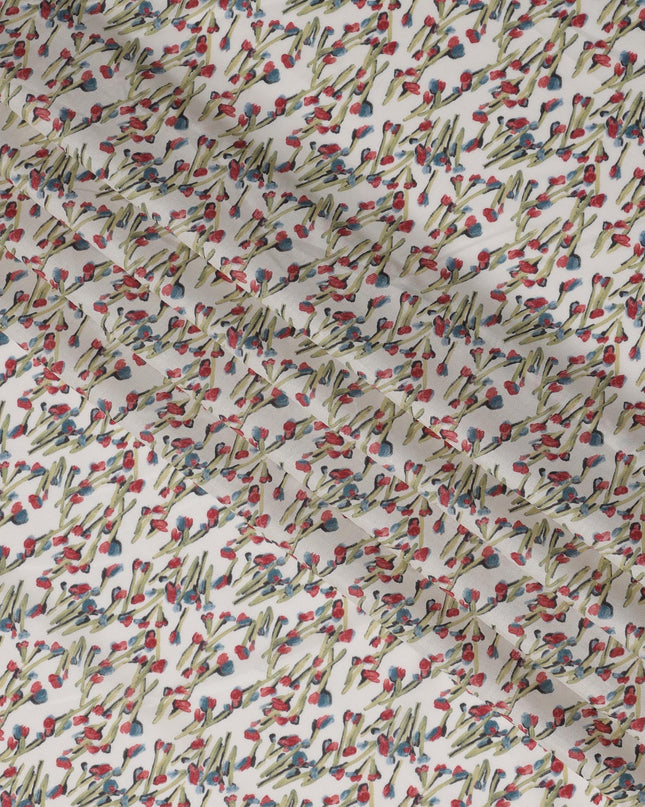 White and Multicolor Floral Cotton Lawn Digital Print Fabric - 110 cm Width-D21225