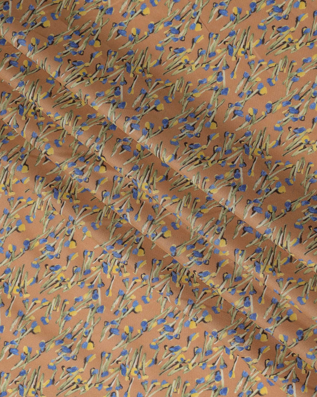 Light brown and Blue Floral Cotton Lawn Digital Print Fabric - 110 cm Width-D21227