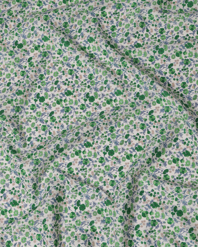 White and Green Floral Cotton Lawn Digital Print Fabric - 110 cm Width-D21228