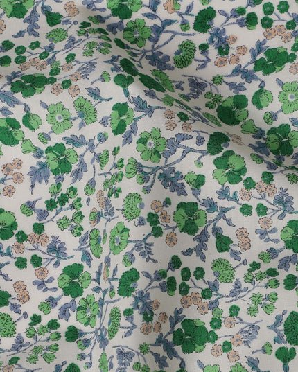 White and Green Floral Cotton Lawn Digital Print Fabric - 110 cm Width-D21228