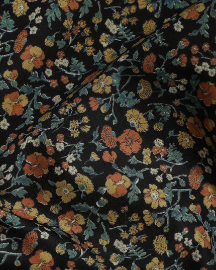 Black and Orange Floral Cotton Lawn Digital Print Fabric - 110 cm Width-D21230