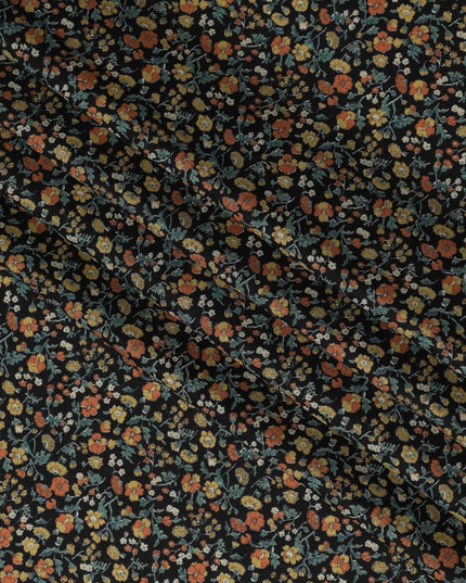 Black and Orange Floral Cotton Lawn Digital Print Fabric - 110 cm Width-D21230