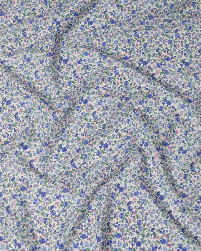 White and Blue Floral Cotton Lawn Digital Print Fabric - 110 cm Width-D21231