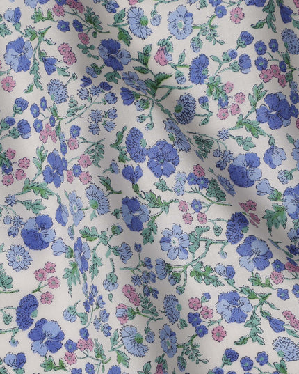 White and Blue Floral Cotton Lawn Digital Print Fabric - 110 cm Width-D21231