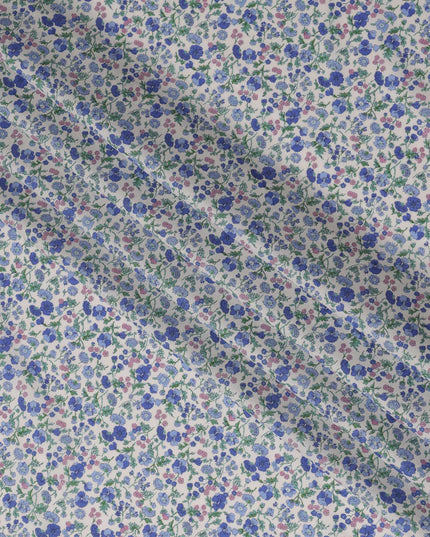 White and Blue Floral Cotton Lawn Digital Print Fabric - 110 cm Width-D21231