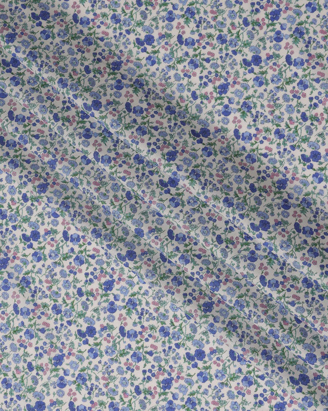 White and Blue Floral Cotton Lawn Digital Print Fabric - 110 cm Width-D21231