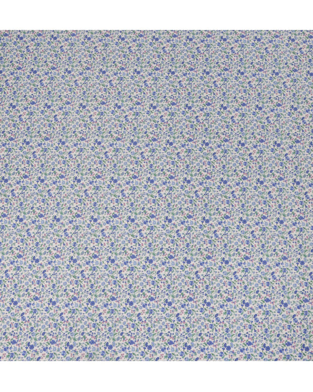 White and Blue Floral Cotton Lawn Digital Print Fabric - 110 cm Width-D21231