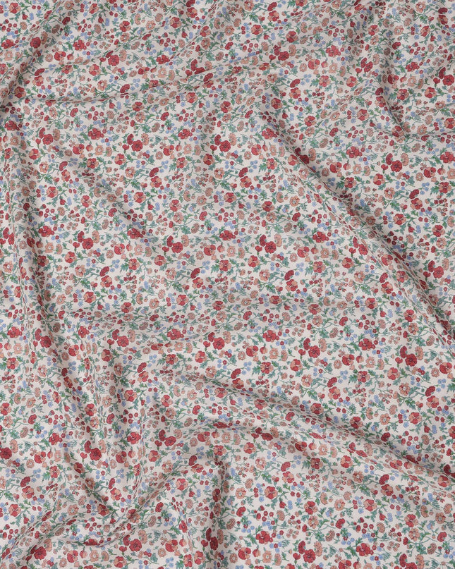 White and Red Floral Cotton Lawn Digital Print Fabric - 110 cm Width-D21232