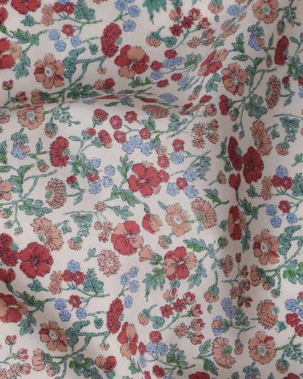 White and Red Floral Cotton Lawn Digital Print Fabric - 110 cm Width-D21232