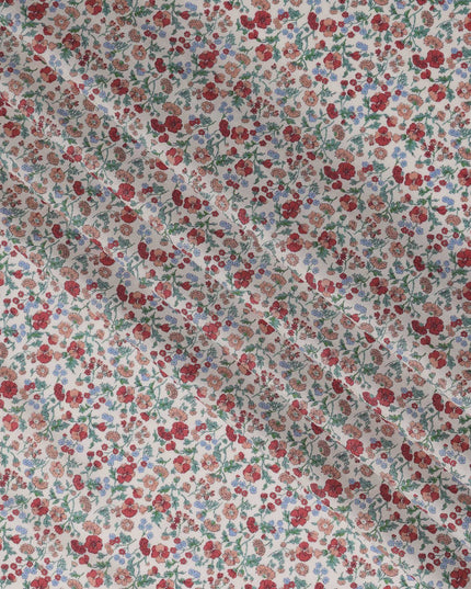 White and Red Floral Cotton Lawn Digital Print Fabric - 110 cm Width-D21232