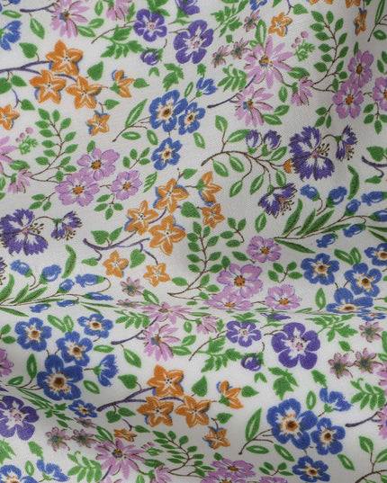 White and Multicolor Floral Cotton Lawn Digital Print Fabric - 110 cm Width-D21233