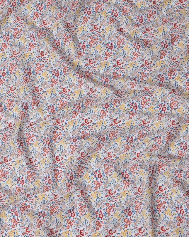 White and Red Floral Cotton Lawn Digital Print Fabric - 110 cm Width-D21234