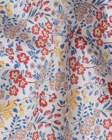 White and Red Floral Cotton Lawn Digital Print Fabric - 110 cm Width-D21234