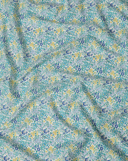 White and Blue Floral Cotton Lawn Digital Print Fabric - 110 cm Width-D21235