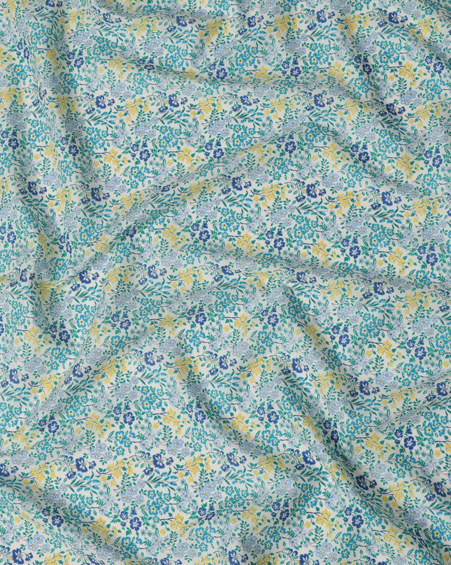 White and Blue Floral Cotton Lawn Digital Print Fabric - 110 cm Width-D21235