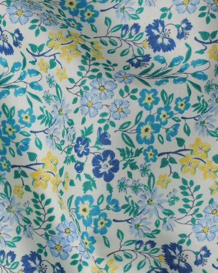 White and Blue Floral Cotton Lawn Digital Print Fabric - 110 cm Width-D21235