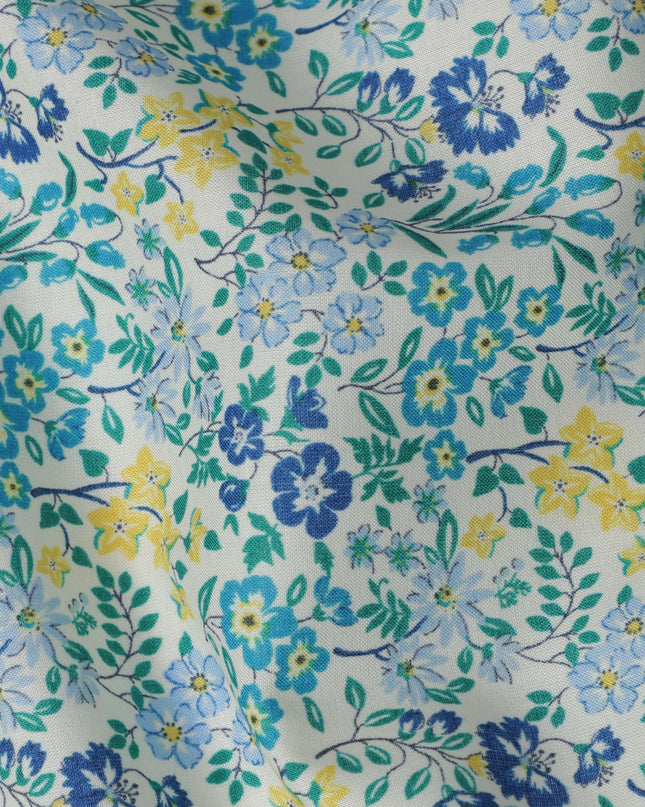 White and Blue Floral Cotton Lawn Digital Print Fabric - 110 cm Width-D21235