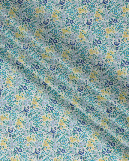 White and Blue Floral Cotton Lawn Digital Print Fabric - 110 cm Width-D21235