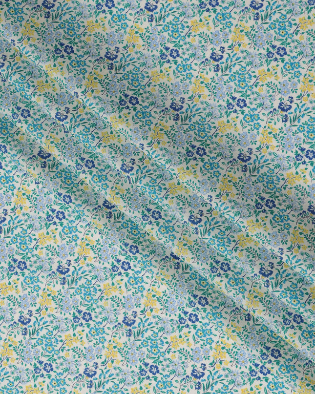 White and Blue Floral Cotton Lawn Digital Print Fabric - 110 cm Width-D21235